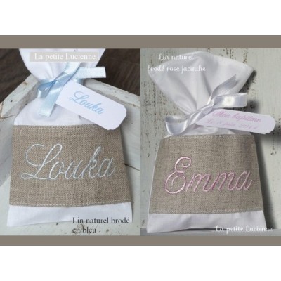 Sachet dragées baptême mariage communion lin gris clair