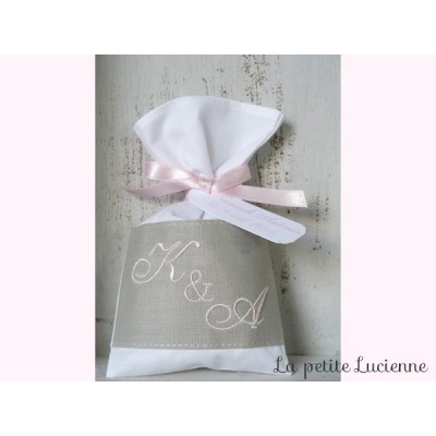 Sachet de dragées Mariage brodé en lin gris et rose- Monogrammes