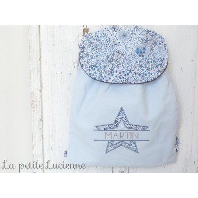 Sac à dos brodé enfant en liberty Adelajda bleu personnalisé