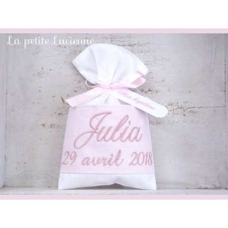 Sachet de dragées Lin rose poudré brodé Bois de rose