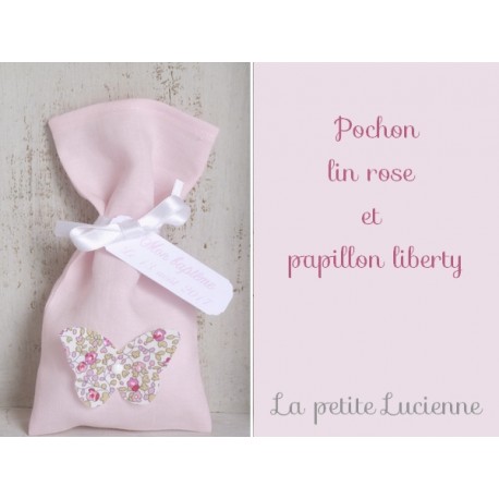 Pochon lin rose papillon liberty