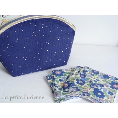 Trousse gaze de coton Indigo et pois dorés