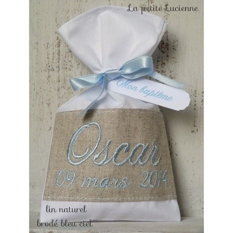 Sachet dragées baptême mariage communion lin gris clair