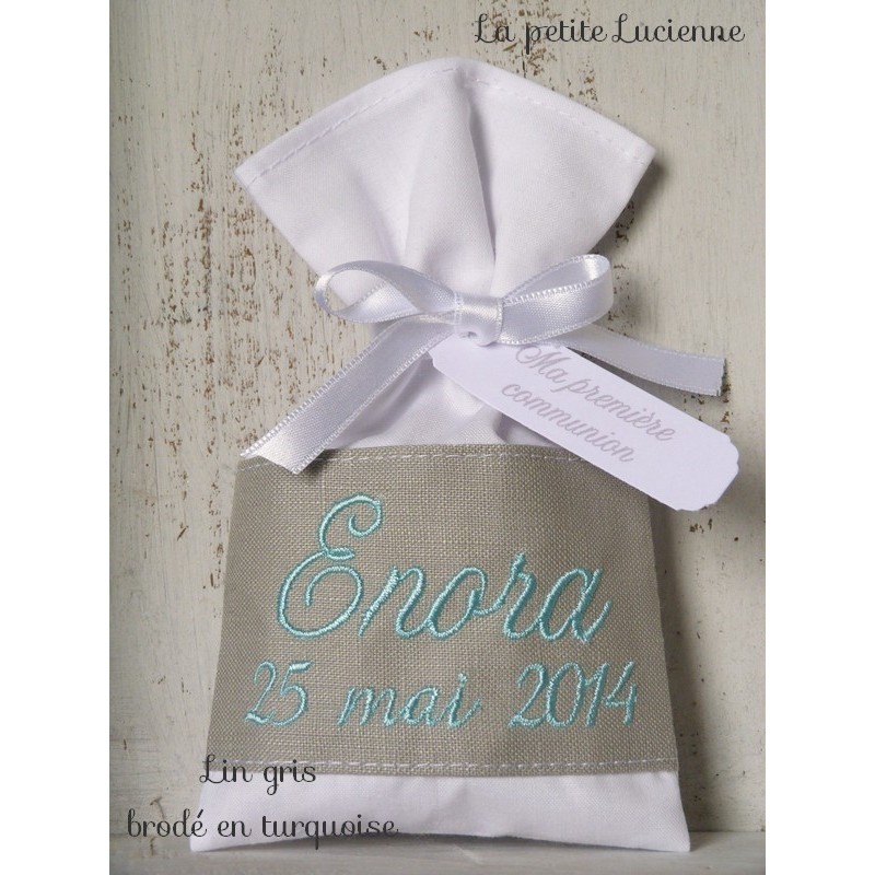 Sachet dragées baptême mariage communion lin gris clair