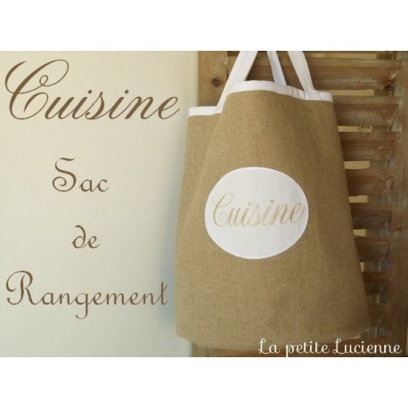 Sac de rangement brodé Cuisine en lin naturel